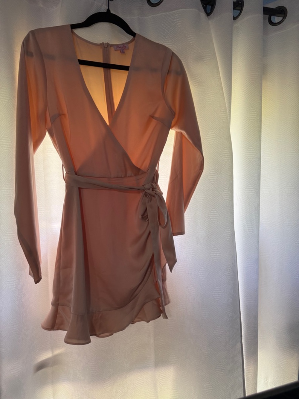 Soft Blush Wrap Mini Dress with Tie Waist